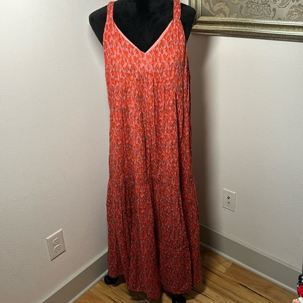 Joie TeaRose tiered Sleeveless V neck cleavage orange print maxi dress sun Sz S